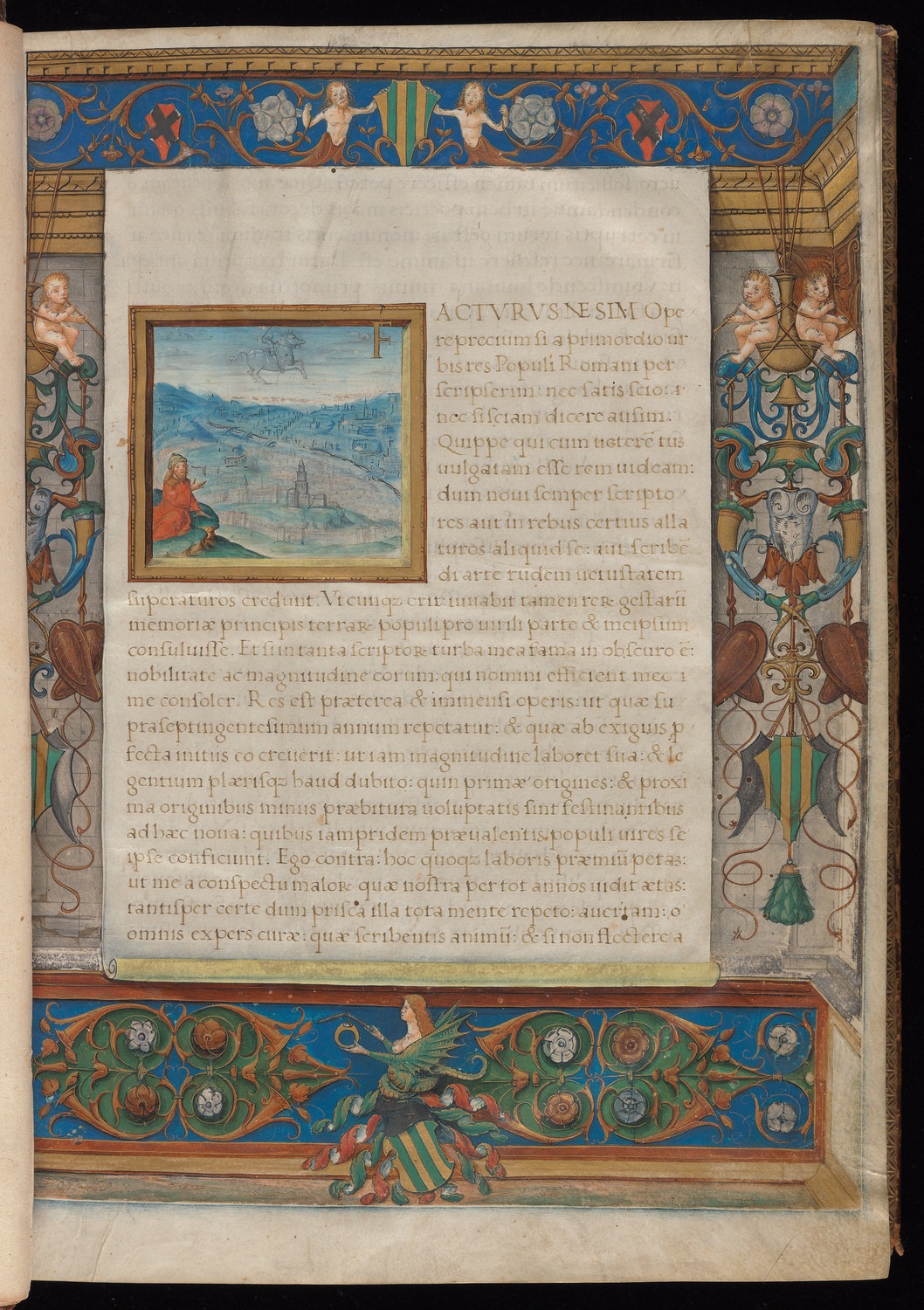 An image of the first folio of this manuscript showing an architectural border and a view of the city of Rome