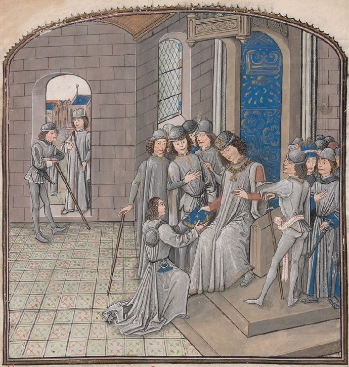 Court scene with king at center on throne surrounded by courtiers. One courtier on his knee presents the book to the king in his outstretched arms.