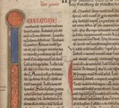 An image of a manuscript page with illuminated and rubricated initials and black text. 