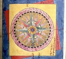 A manuscript drawing of a compass colored with yellow, red, blue and green pigment. 