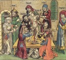 Hand colored print of Simon of Trent being tortured by Jews.  From Hartmann Schedel's Chronicle.