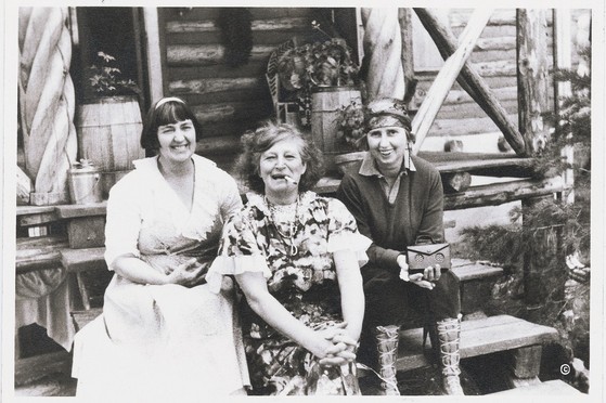 Mabel Dodge Luhan, Frieda Lawrence, and Dorothy Brett on Mrs. Lawrence’s porch, near Taos, 1938