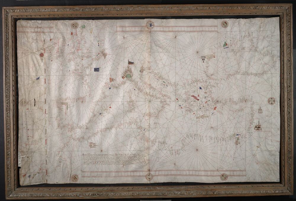 Portolan chart of the Mediterranean Sea, the North Atlantic Ocean, the Black Sea, and the northwestern African coast.