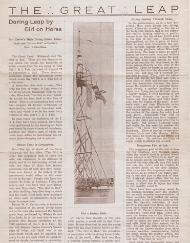 A letter written on an illustrated flyer advertising Dr. Carver's High-Diving Horse, Klatawah!, and the Girl in Red.