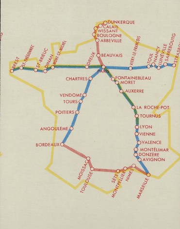 1956 card game tracing the major automobile routes around France.