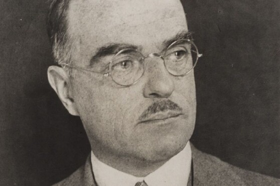 Bust length portrait of Thornton Wilder in suit and tie