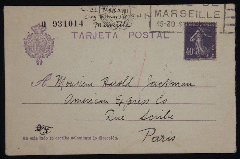 Postcard from Claude McKay in Marseille to Harold Jackman in Paris (1928).