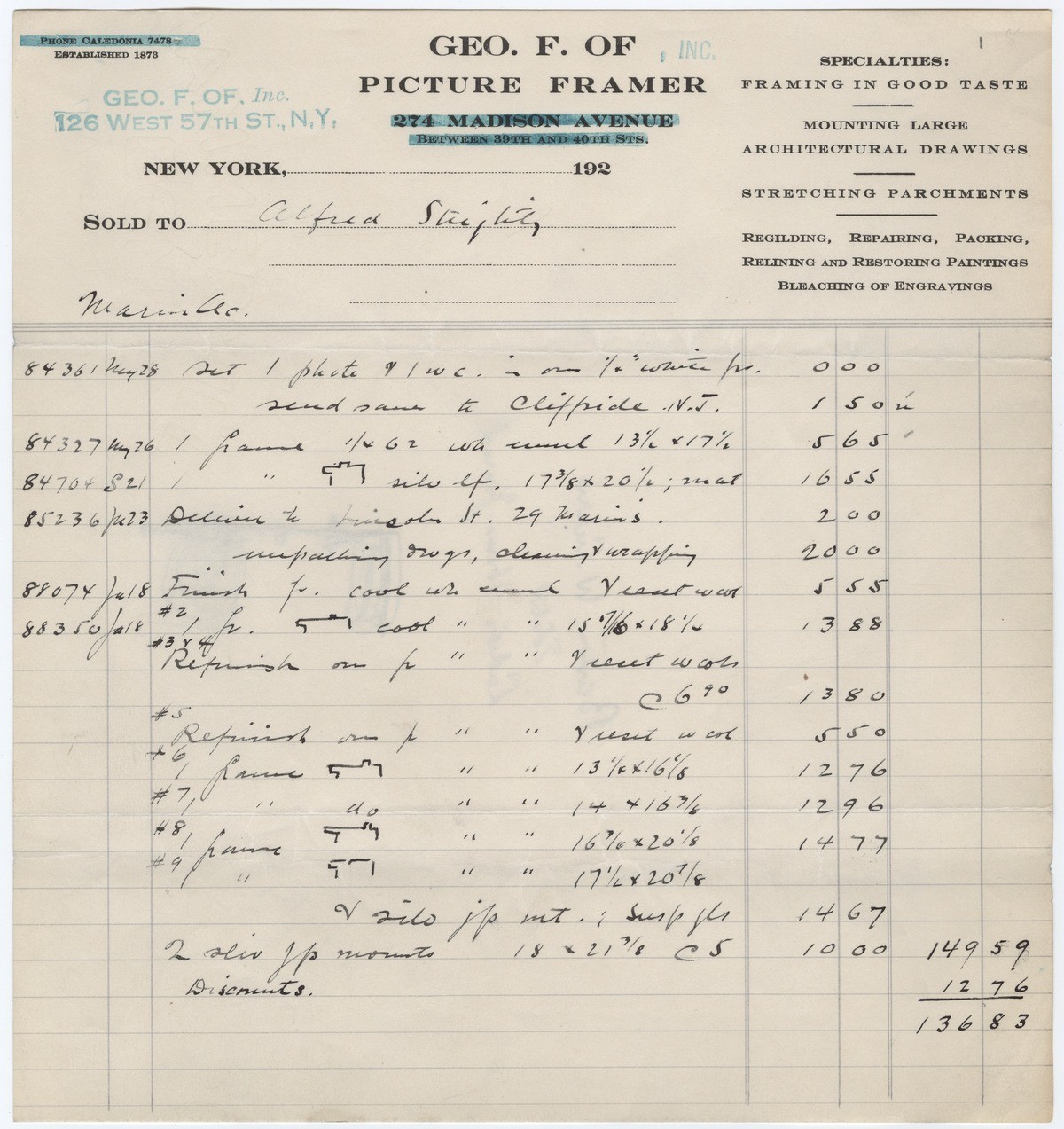 A bill made out to Alfred Stieglitz for materials and framing of paintings by John Marin.