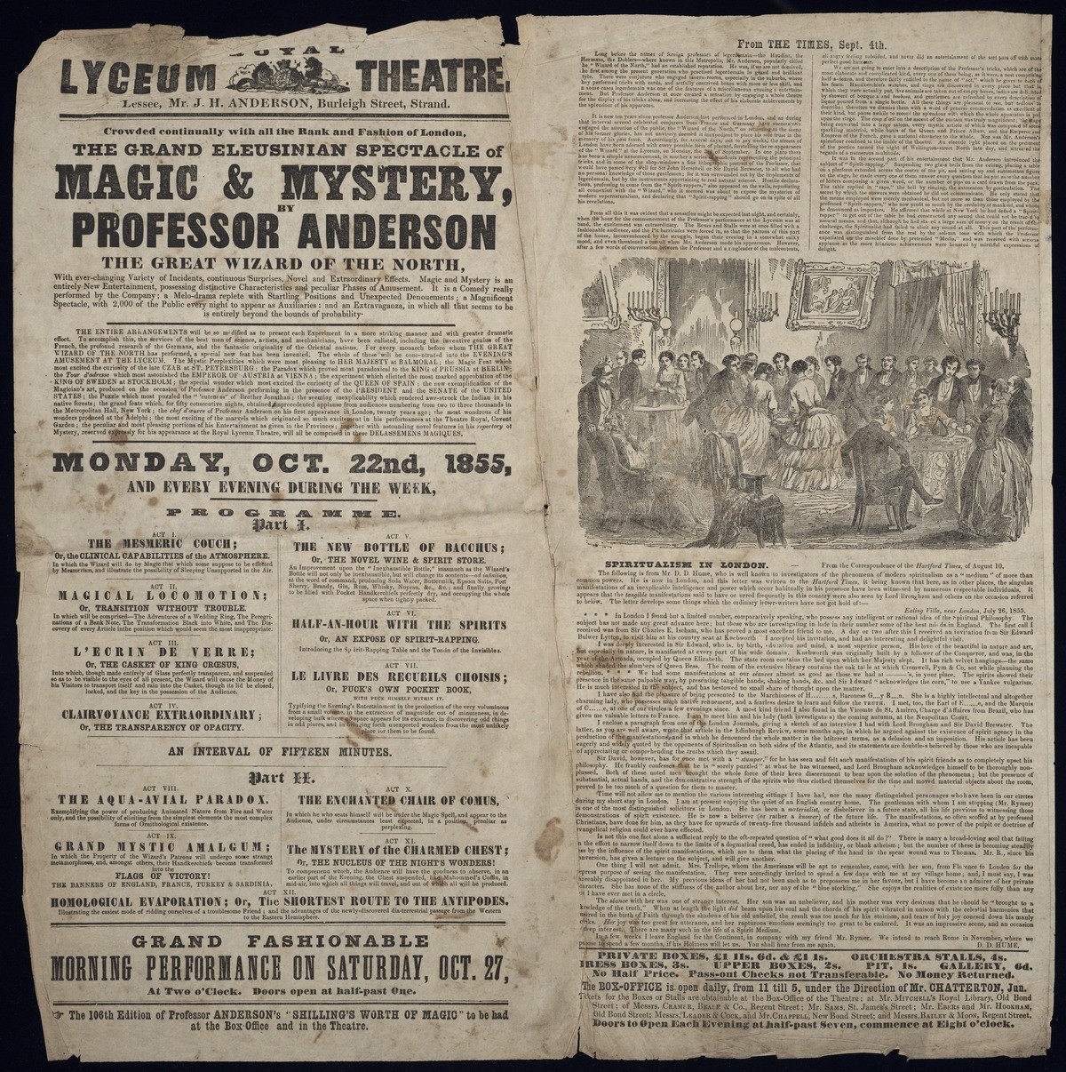 Playbill for an evening's entertainment at the Royal Lyceum Theatre, London, England: The Grand Eleusinian Spectacle of Magic & Mystery, by Professor Anderson, The Great Wizard of The North