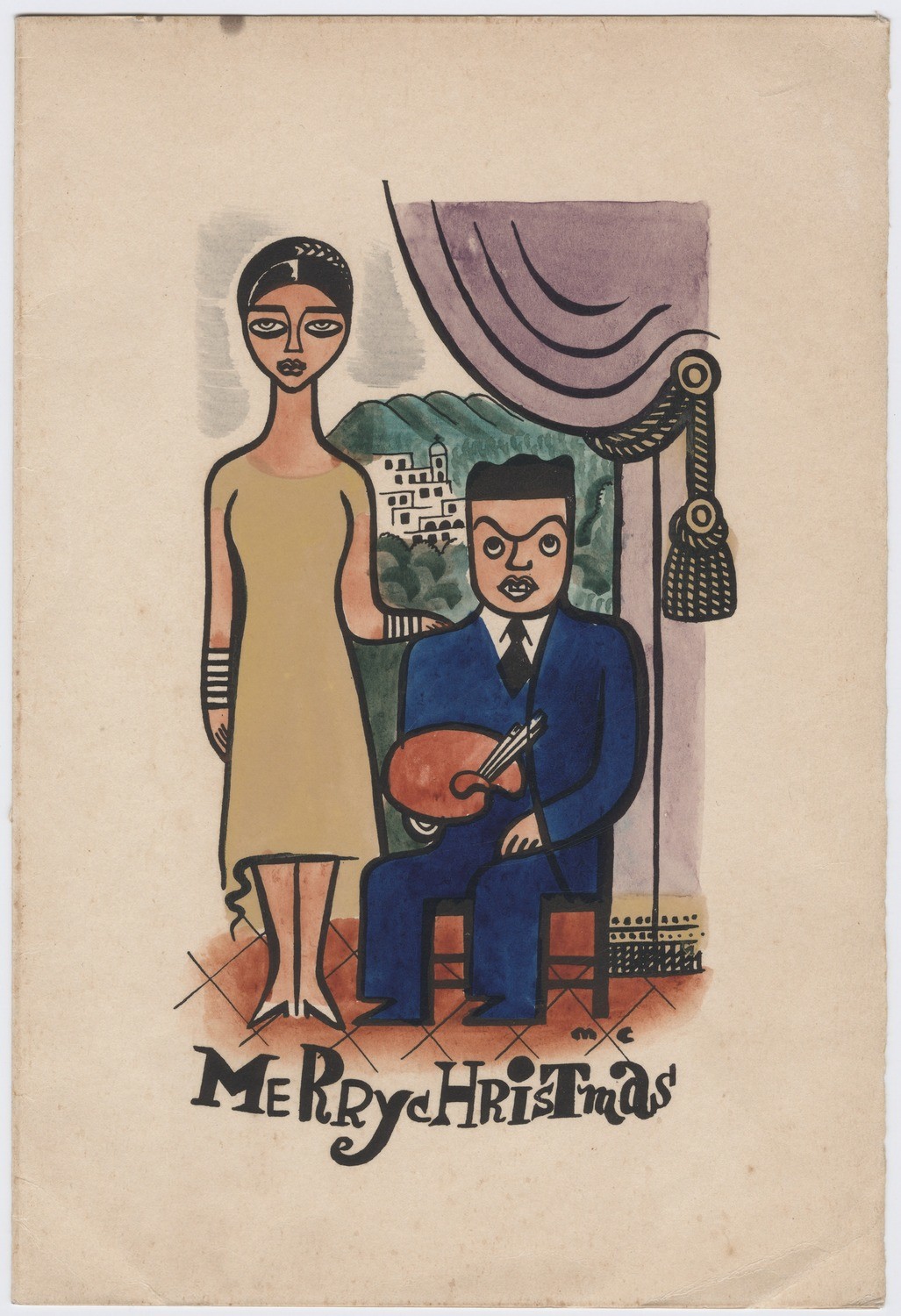 Hand painted Christmas card sent to Carl Van Vechten (portrait of Rose and Miguel Covarrubias).