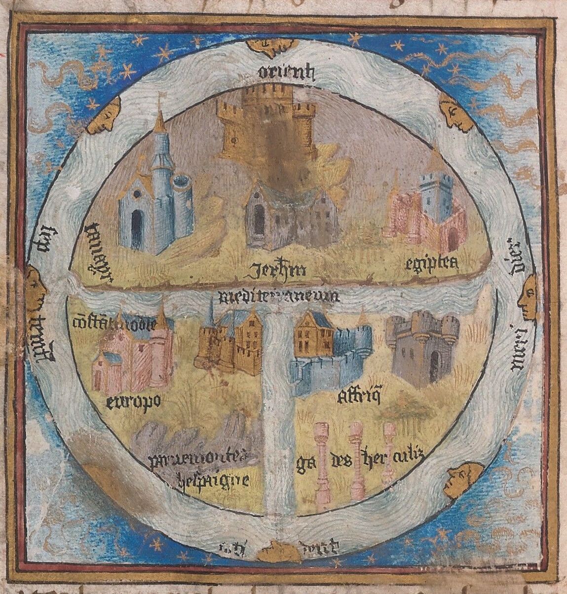 Hand painted illuminated diagram of the earth divided into three parts: Asia, Africa, and Europe. Continents have miniature cities on them. 
