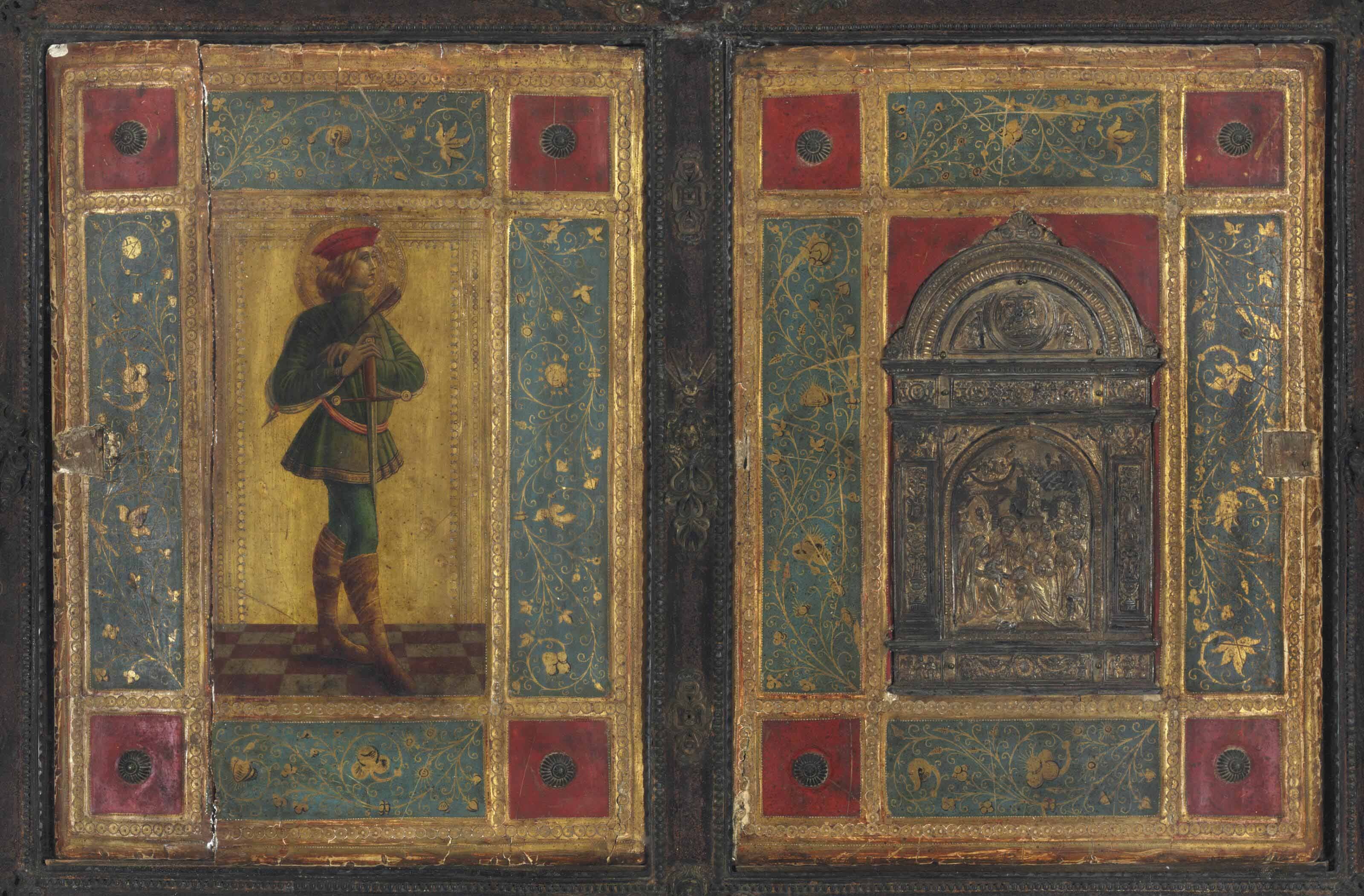 Two panels from one of Icilio Joni's forged Sienese bindings. The central panel of the back cover shows a young man in Renaissance attire, holding a sword and an arrow. The central panel of the front cover has a dark metal plaque in the shape of an arch supported by two columns with a Nativity scene at the center.