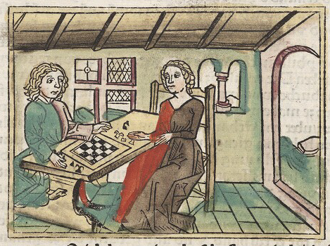 woodcut depicting a couple playing a board game