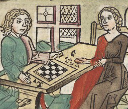 woodcut depicting a couple playing a board game