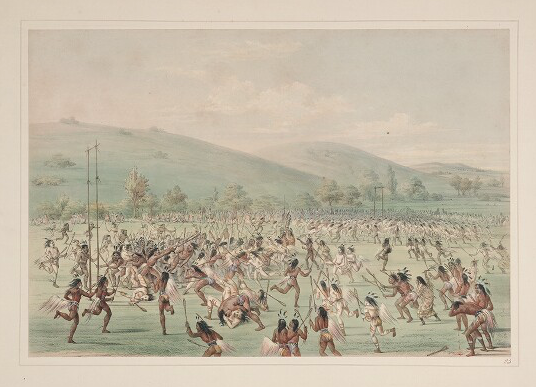 An image taken from George Catlin's North American Indian portfolio (1844 or later) shows a "ball play