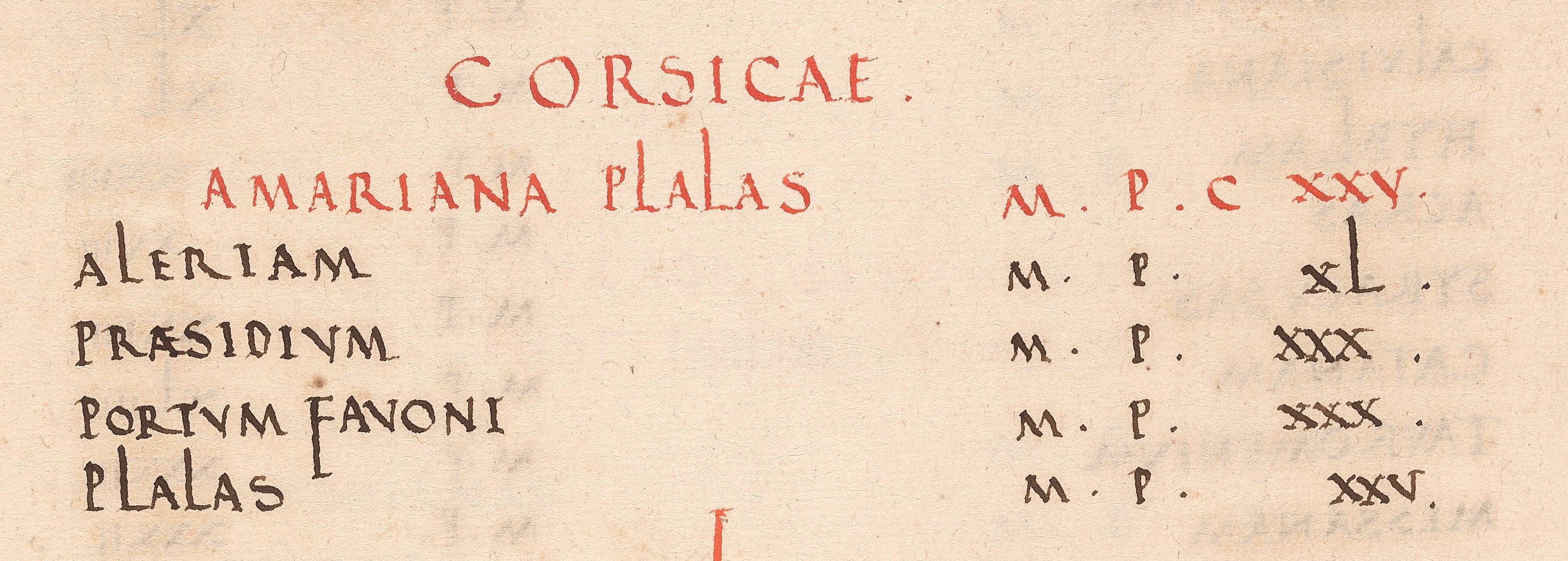Detail of a list of places and their distances on Corsica. It is written in black ink, with red headings. 