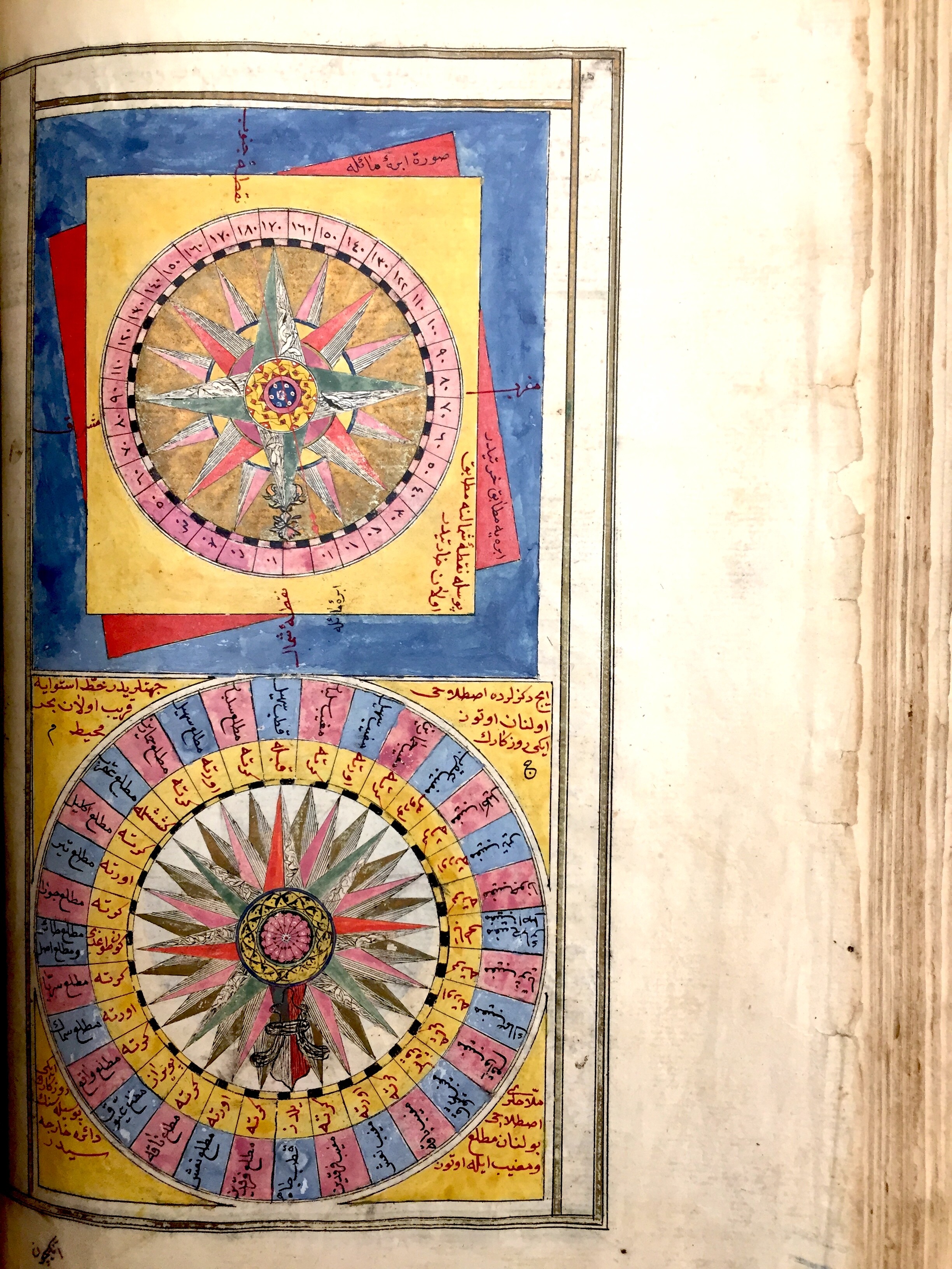 A manuscript page featuring two diagrams of compasses in yellow, blue and red. 