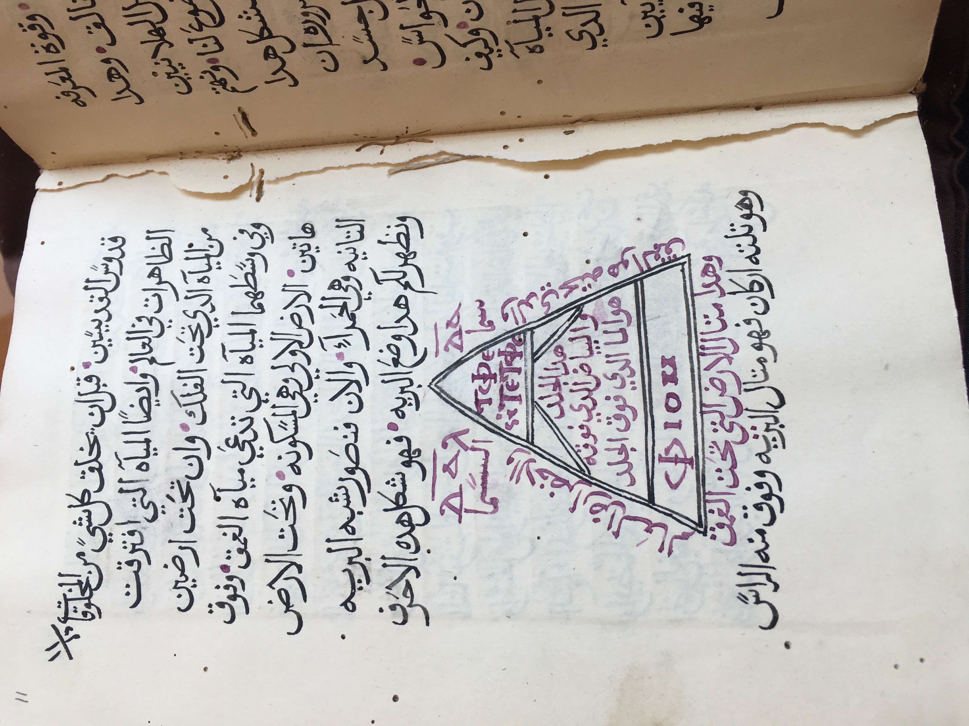 An image of a manuscript page with Arabic text in black ink and an illustration of a Greek letter in red and black ink.