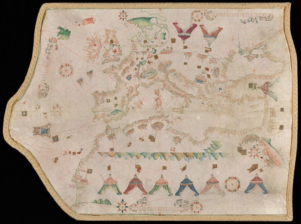  Art Storage 1019. Forged Vesconte Maggiolo Portolan Chart. The central map features brightly colored tents added along the margins. 