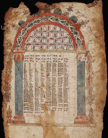 A single parchment leaf with a red, gold, and blue round arch. Within the arch is a gridded table with the text of the canon table. Ethiopic MSS 31.