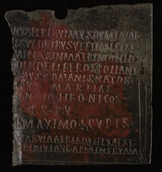 Roman bronze diploma with capital letters Latin text fragment