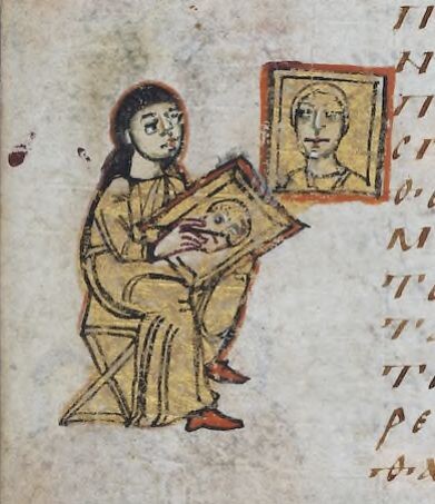 A small painting on a parchment manuscript page of a seated artist, dressed in gold, painting a portrait icon that he holds on his lap as he looks up at a portrait icon that hangs on the wall. It appears that he is visually copying the hanging icon.