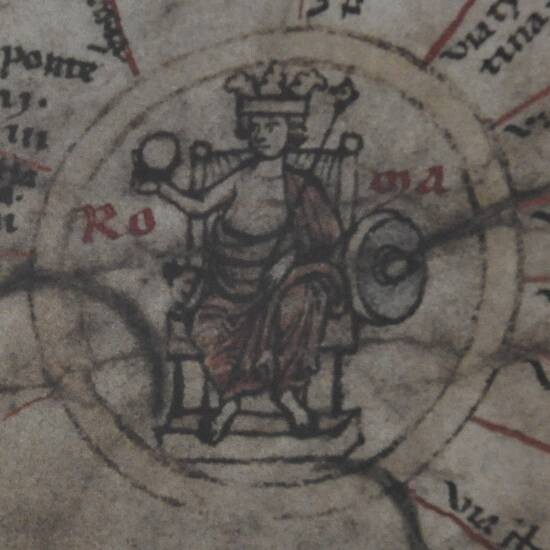 Highlight of the city of Rome from the Peutinger Atlas. Rome is shown as a crowned woman on a throne.