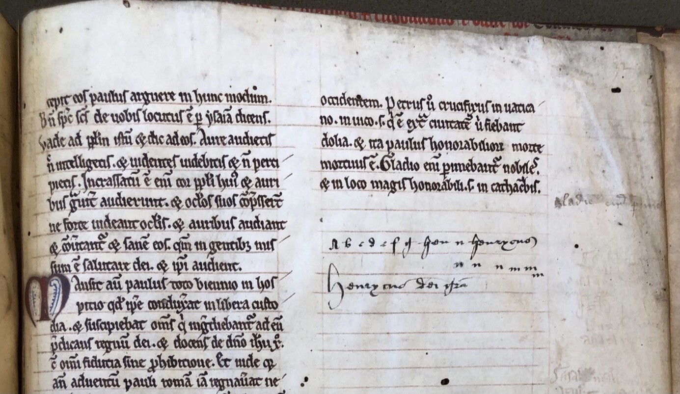 A close-up of a manuscript page featuring a rubricated initial with text in black. 
