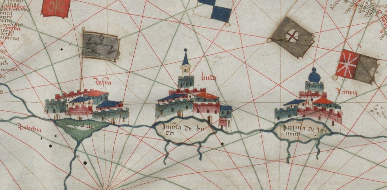 Detail from 15th century portolan chart that focuses on three hand illustrated cities in red, green, and blue.