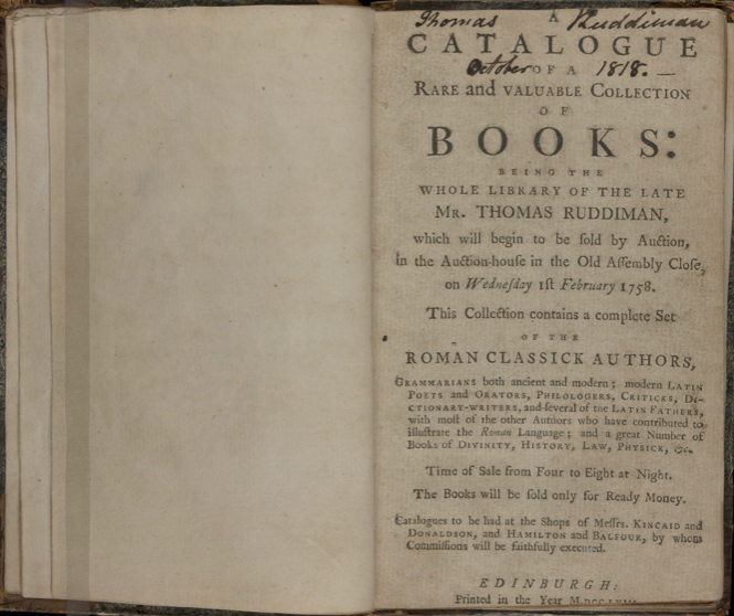 Title page of auction catalog for the library of Thomas Ruddiman