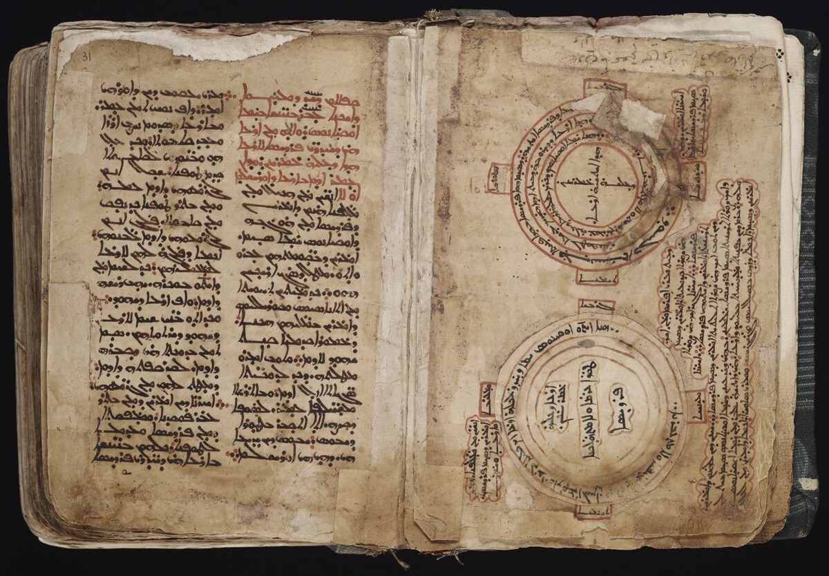 Syriac MS 10. Opening of manuscript showing two facing pages. To the left of the gutter are two columns of text in Syriac in black and red ink. On the right are two circular diagrams, stacked vertically on the page. 
