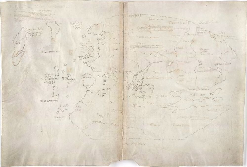 The Vinland Map. Copied out in a pale brown ink, faded considerably, across two pages of parchment. 