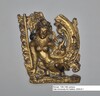 Kinnari. 13th-14th Century. Yale University Art Gallery. Half bird, half human female figure crouching. She holds a long necked bird in the crook of her arm. Cast in gilt bronze. 